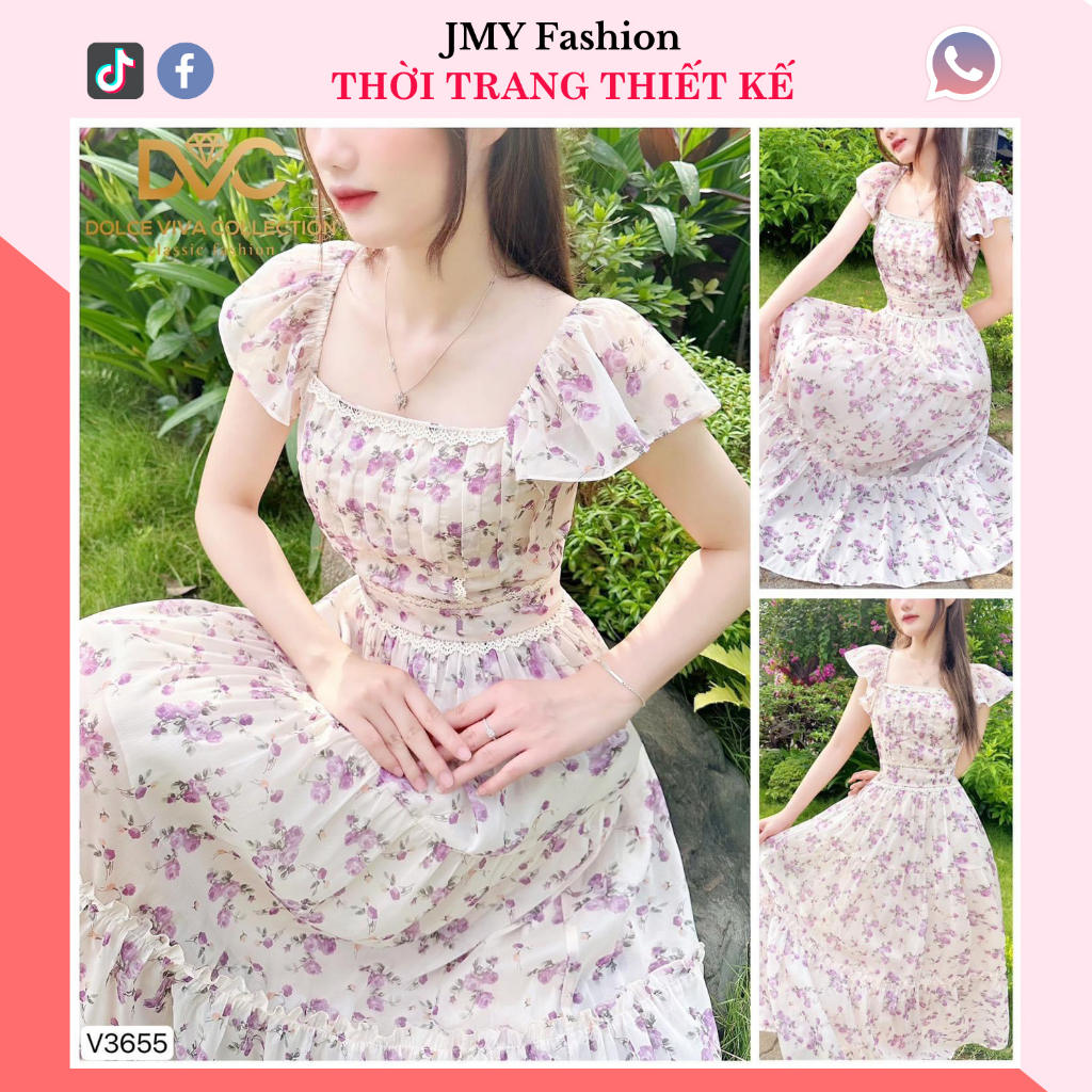 váy hoa nhí trễ vai đi biển tươi sáng