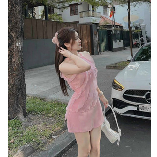 Set bộ yếm thời trang nữ sang chảnh chất áo voan không tay có mút phối ren gợn sóng váy tapta lưng thun chữ A mini 