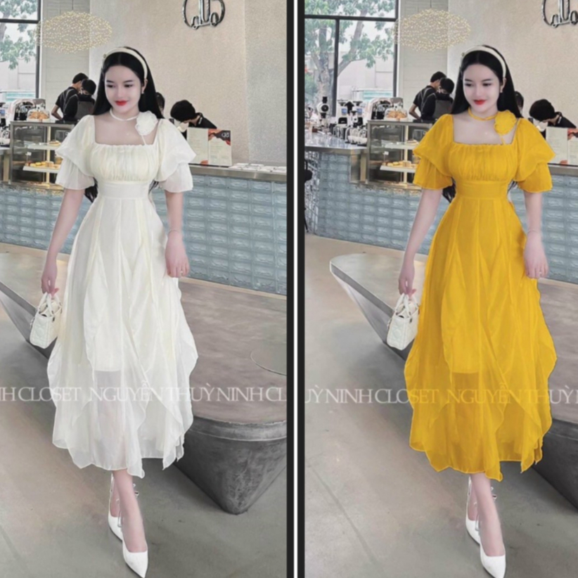 Đầm maxi xòe dáng dài cổ vuông tay tay bồng xinh xắn mix hoa cột ở côt siêu xinh dành các nàng thơ đi chơi, dạo phố