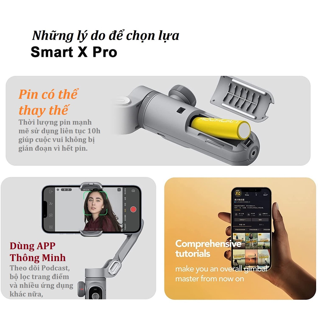 Gimbal chống rung điện thoại AOCHUAN Smart X Pro, Tay cầm chống rung quay phim, Gymbal điện thȯại cao cấp chính hãng