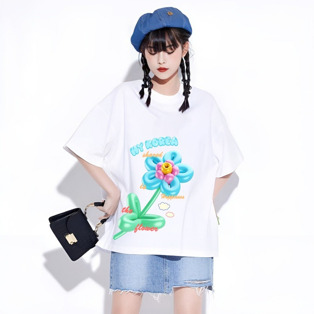 Áo thun tay lỡ HY KOREA Hoa bóng bay 1446 form rộng cotton 75 unisex
