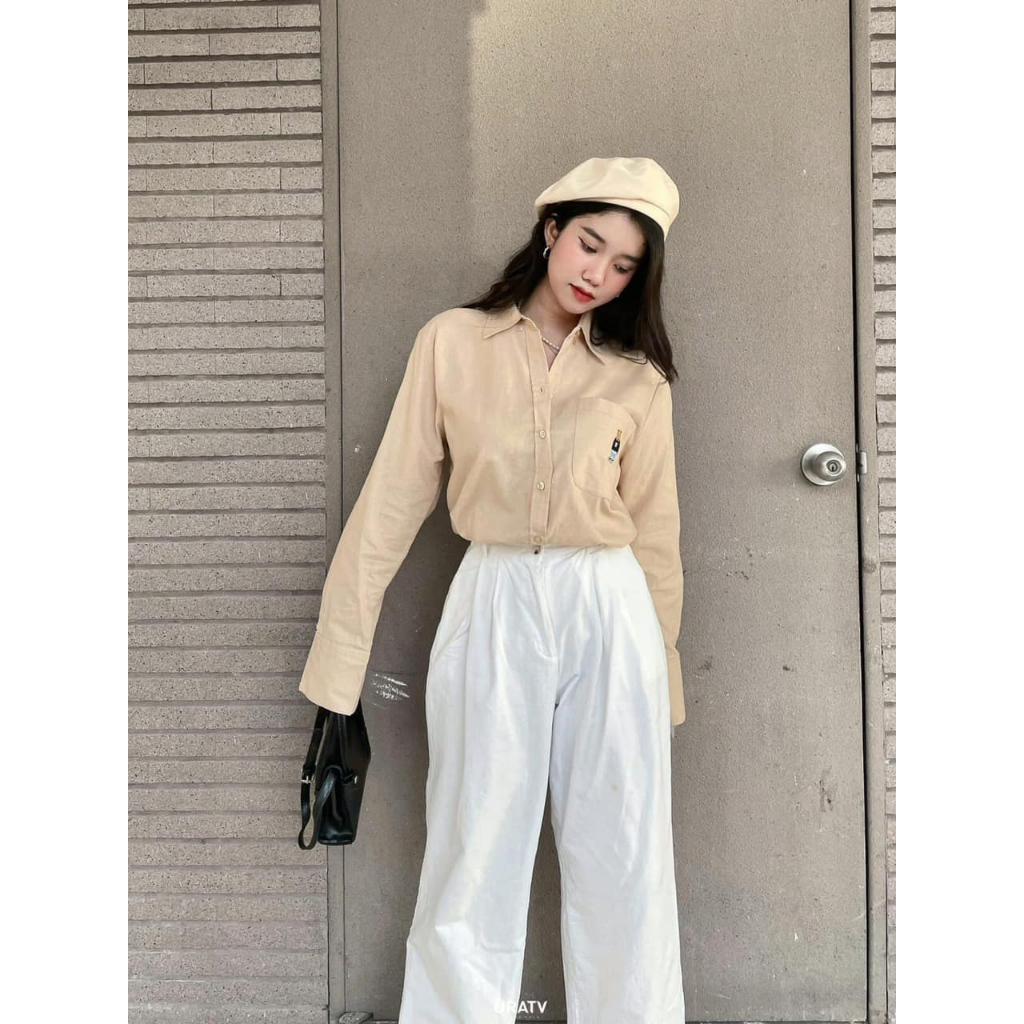 Áo Sơ Mi Unisex Form Rộng Thêu Họa Tiết Hình Gấu Kiểu Dáng Hàn Quốc Linhbee