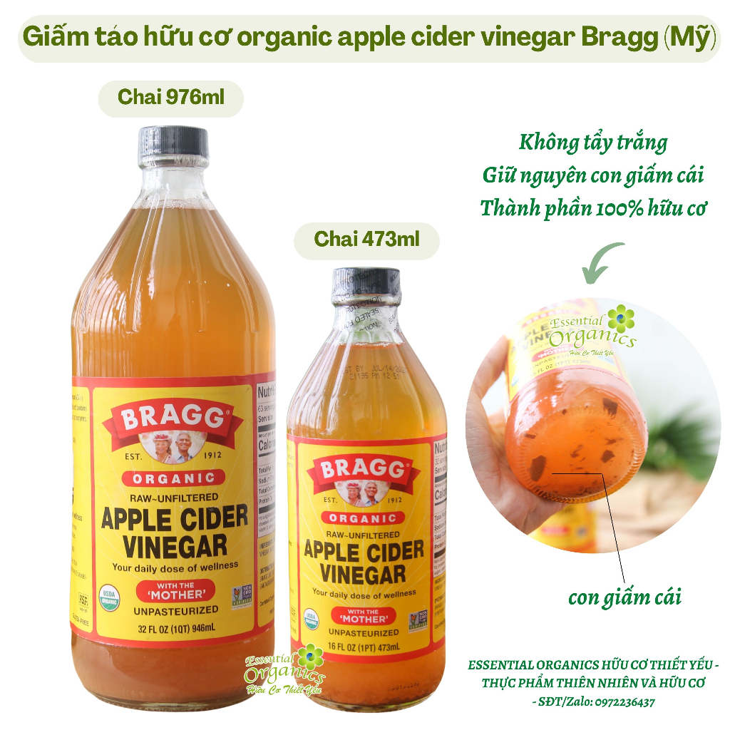Combo 2 chai giấm táo hữu cơ Bragg chai 946ml hoặc 473ml (không tẩy trắng và giữ nguyên con giấm cái)