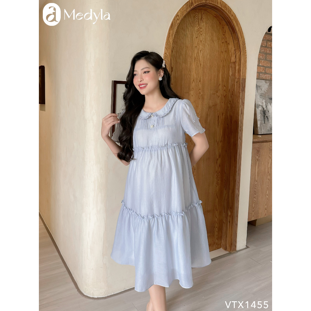 MEDYLA - Váy bầu mùa hè tơ xanh lót lụa đầm bầu dự tiệc thiết kế cho bầu đi chơi du lịch - VTX1455