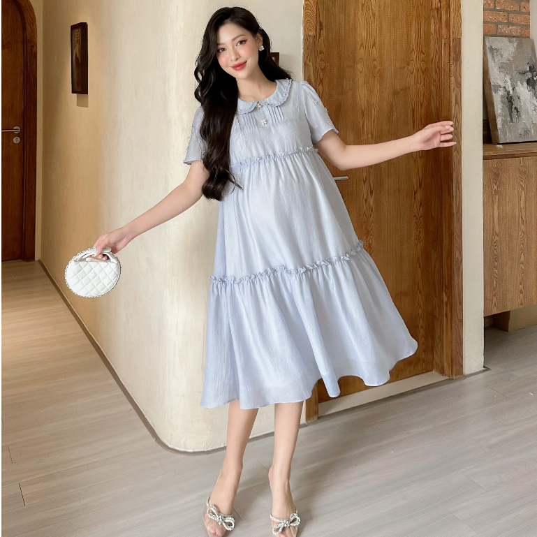 MEDYLA - Váy bầu mùa hè tơ xanh lót lụa đầm bầu dự tiệc thiết kế cho bầu đi chơi du lịch - VTX1455