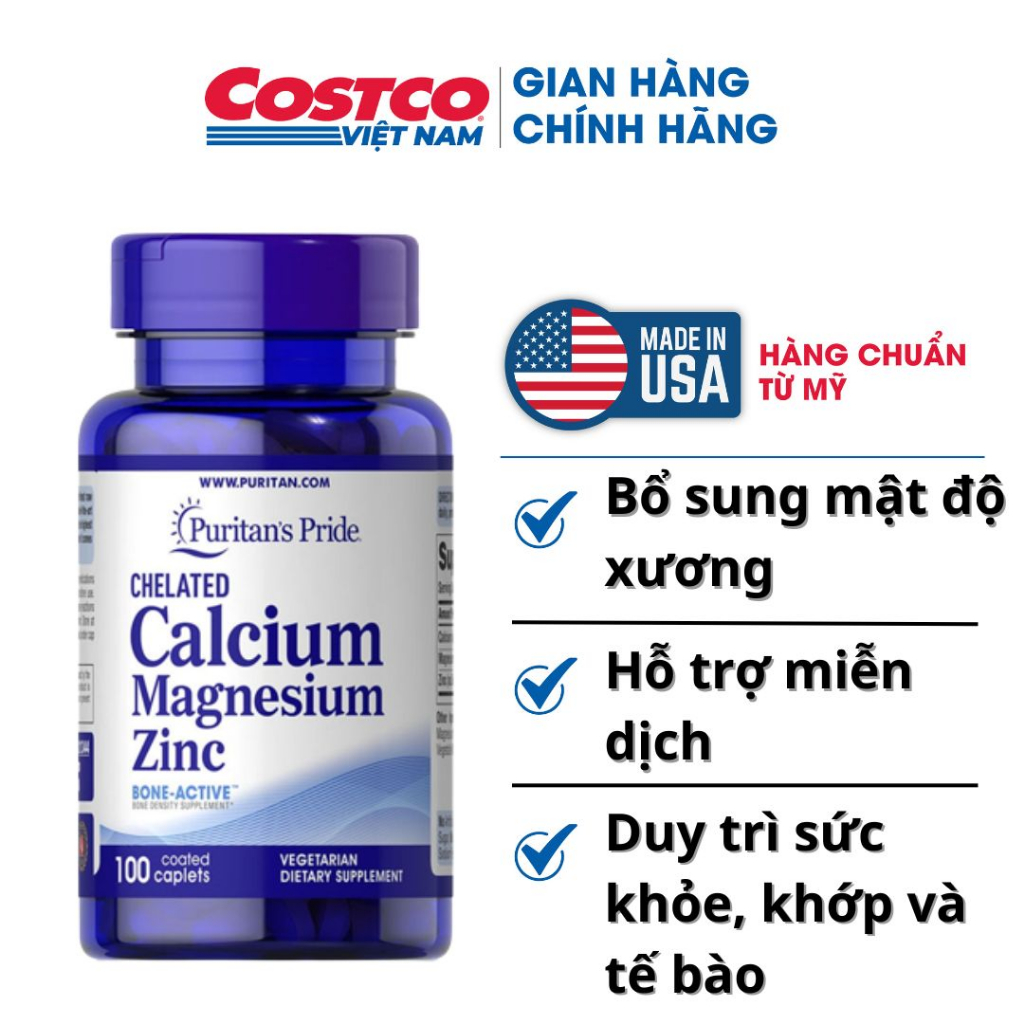 Viên uống Chelated Calcium Magnesium Zinc 100 viên Puritan's Pride bổ sung canxi, magie, kẽm của Mỹ