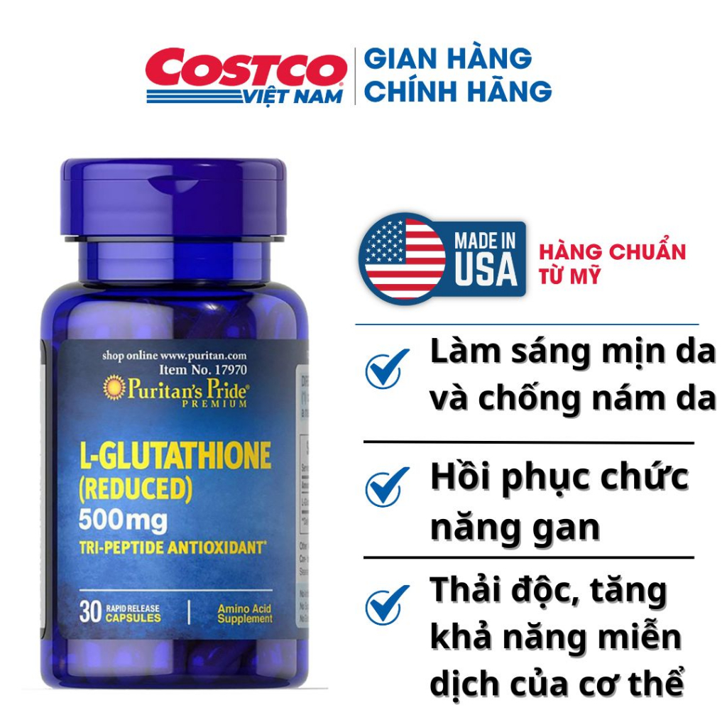 Viên uống L-Glutathione 500mg 30 viên Puritan's Pride giúp thải độc, làm trắng da, giảm nám của Mỹ