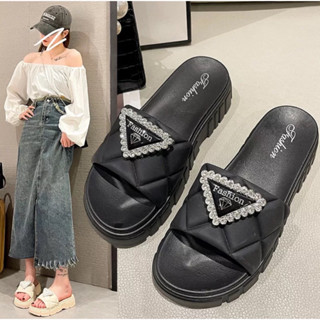 Dép bánh mì nữ quai ngang độn đế 5cm siêu nhẹ siêu êm quai khuy tam giác đính đá thời trang