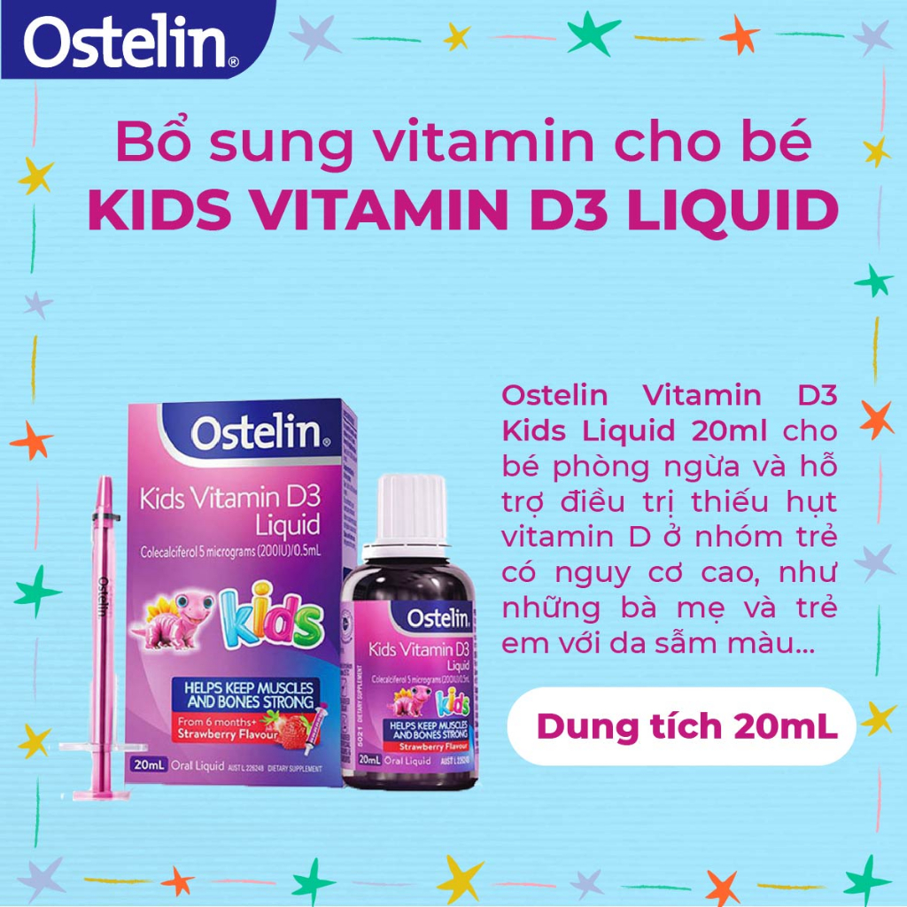 Combo 2 lọ Vitamin D3 dạng nước 200IU cho bé Ostelin Kids Liquid 20ml  giúp phòng tránh còi xương suy dinh dưỡng ở trẻ