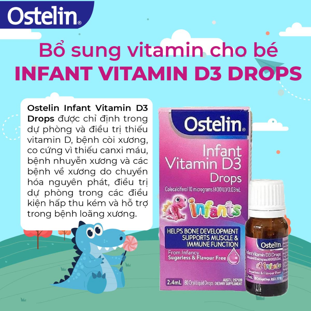Combo 2 lọ Vitamin D3 400 IU cho trẻ sơ sinh Ostelin Infant Kids Drops 2.4ml phòng ngừa tình trạng còi xương của bé