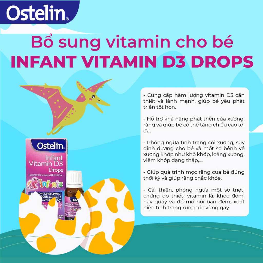 Combo 2 lọ Vitamin D3 400 IU cho trẻ sơ sinh Ostelin Infant Kids Drops 2.4ml phòng ngừa tình trạng còi xương của bé