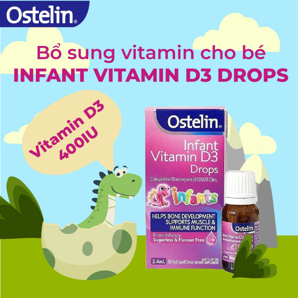 Combo 2 lọ Vitamin D3 400 IU cho trẻ sơ sinh Ostelin Infant Kids Drops 2.4ml phòng ngừa tình trạng còi xương của bé