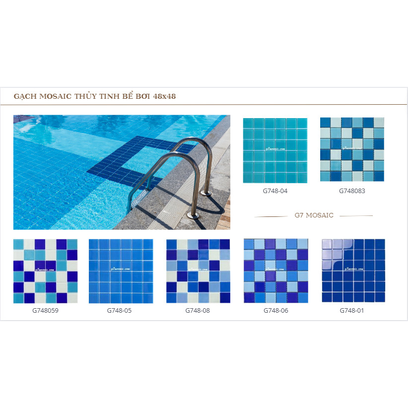 Gạch mosaic thủy tinh bể bơi chip 48 ốp, lát bể bơi gia đình, khách sạn, resort, chống thấm tốt, độ bền cao, hàng sẵn