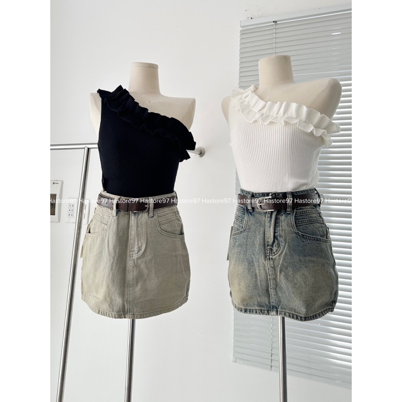 Chân váy jean kèm đai nâu