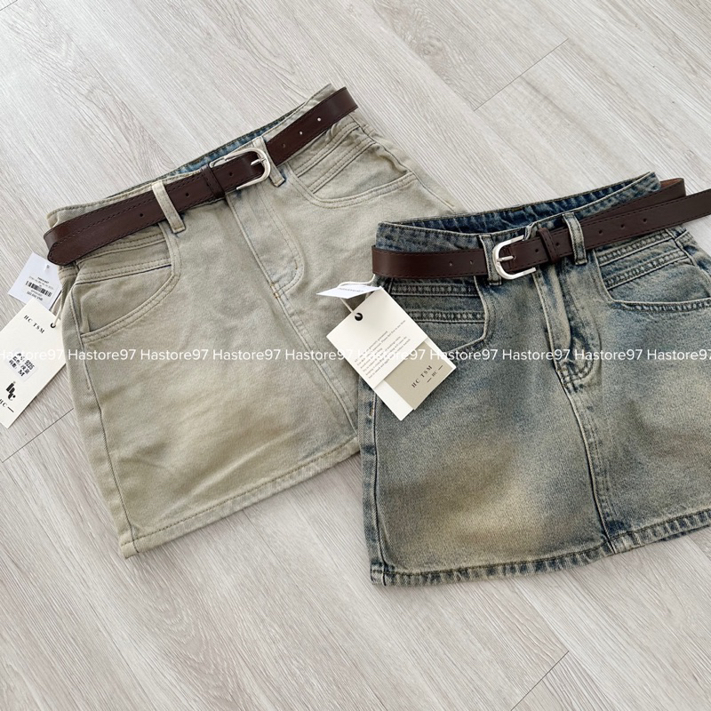 Chân váy jean kèm đai nâu