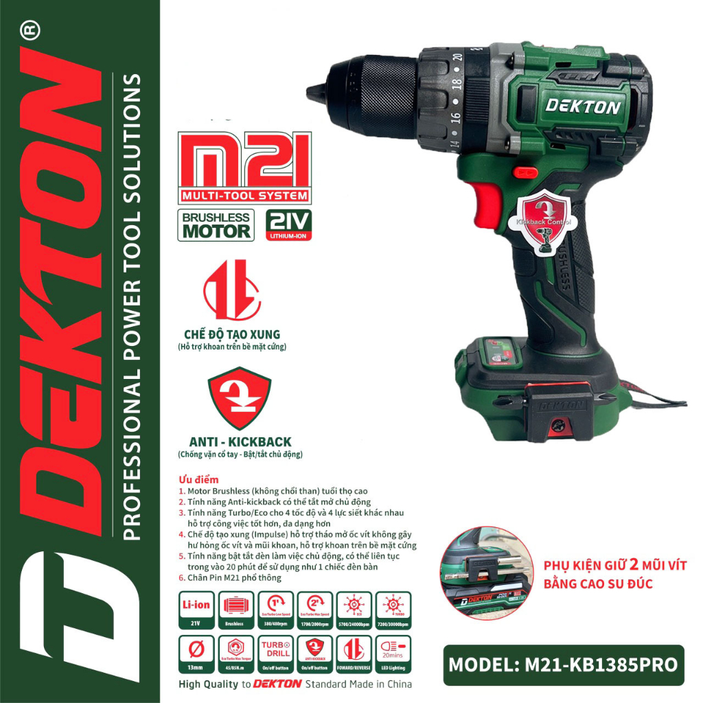 Thân Máy Khoan 3 Chức Năng Dekton  M21-KB1385PRO / Anti KickBack / Chân Pin Makita Phổ Thông Có Chế Độ Tạo Xung