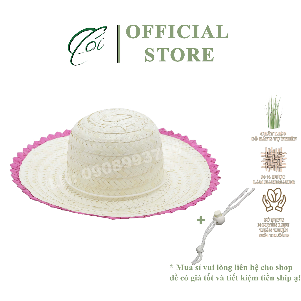 Nón Cói, Nón du lịch, Nón đi biển, Nón xoay trắng đầu Tròn vành kiểu mới màu hồng có dây buộc cằm màu trắng