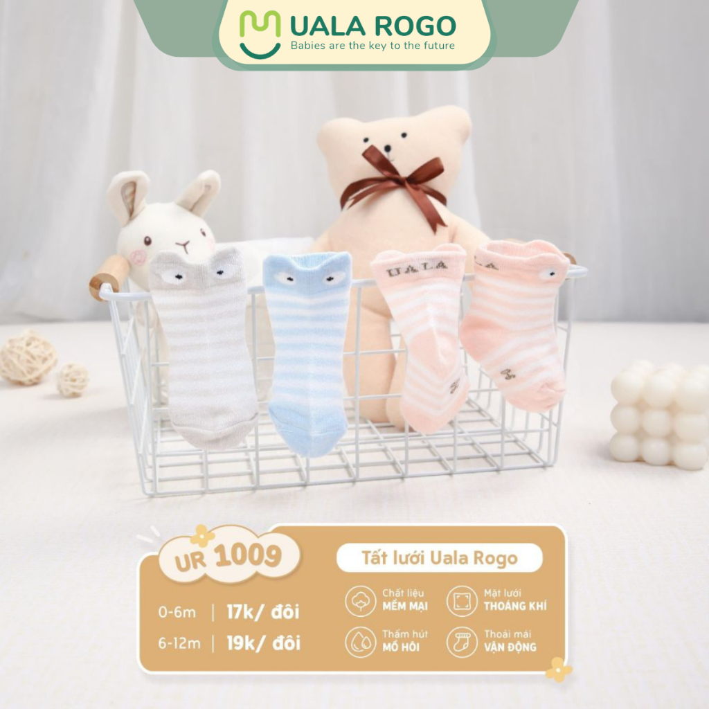 Tất lưới cho bé sơ sinh Ualarogo vải cotton thấm hút mềm thoáng giữ ấm chân cổ ngắn 1009