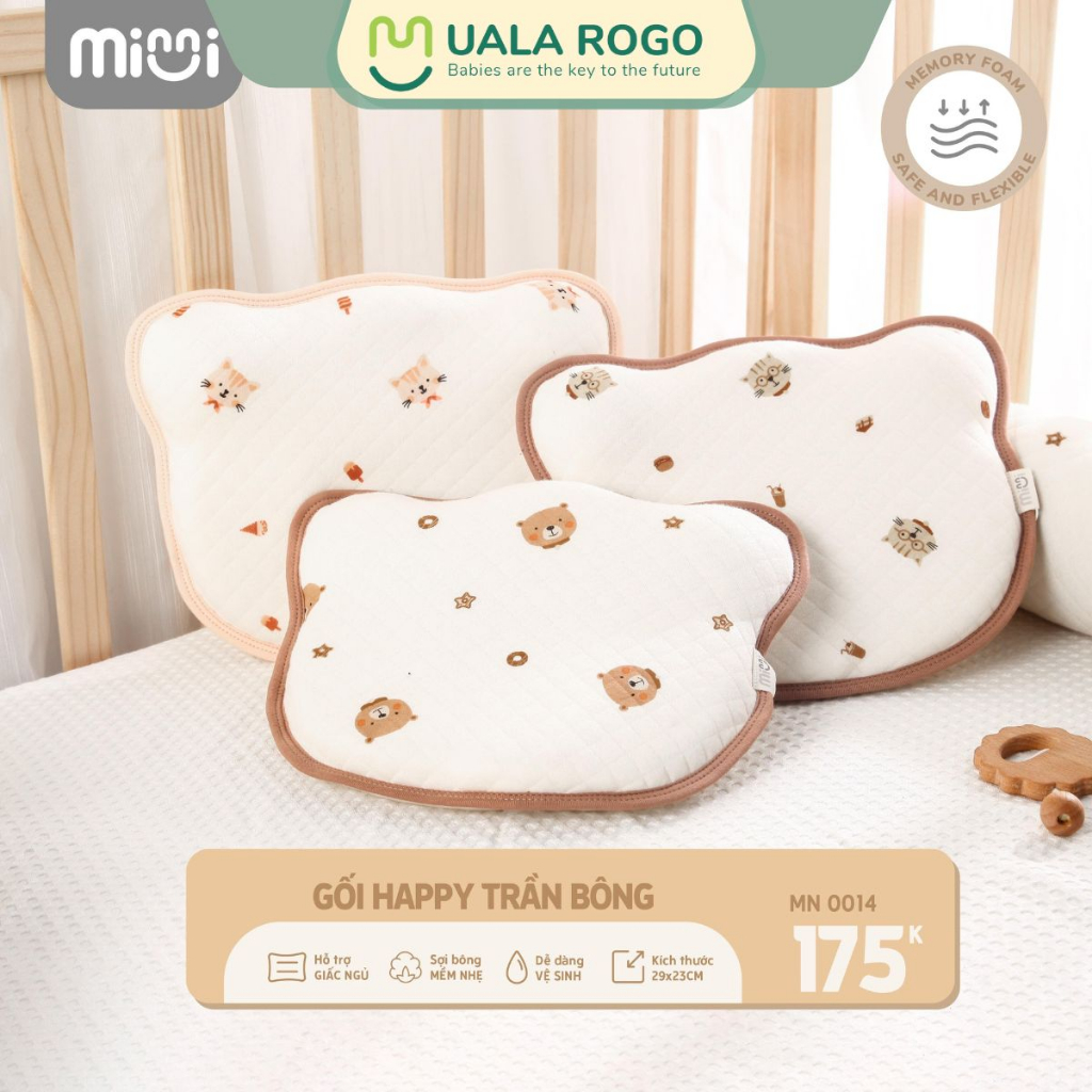 Gối sơ sinh Ualarogo HAPPY trần bông chống bẹt đầu ruột Memory Foam 29x23cm mềm mại thoáng mát 0014