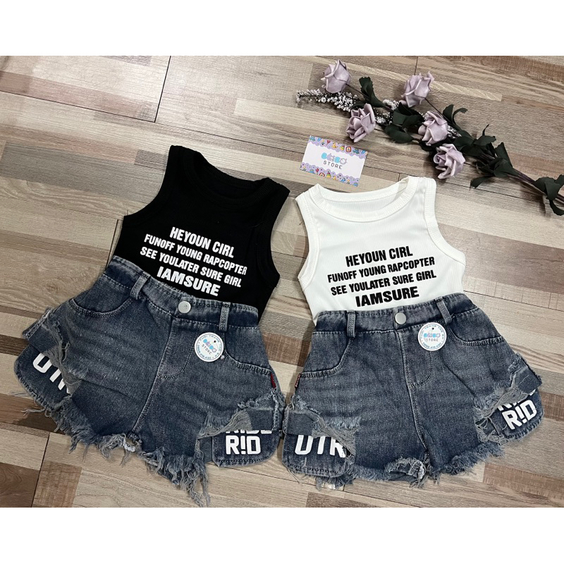Bộ quần ngắn rách và áo thun ba lỗ cho bé gái siêu cá tính , năng động ngày hè