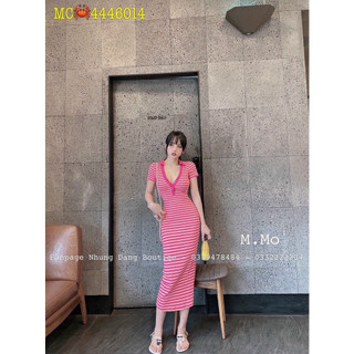 Đầm gân polo sọc ngang dáng dài ôm body kèm ảnh thật trải sàn