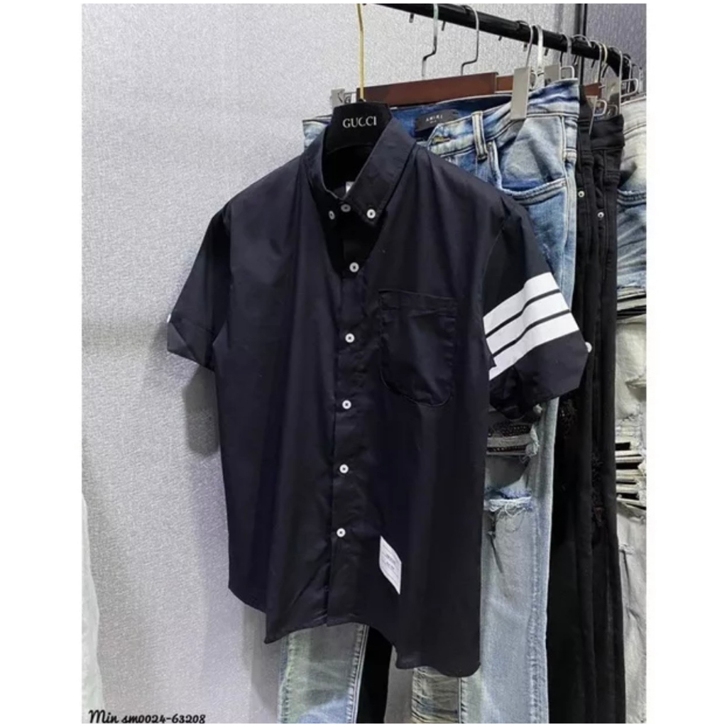 Áo Sơ Mi Thom Đen Trơn Ngắn Tay Vải Cotton Lụa Cao Cấp | BigBuy360 - bigbuy360.vn