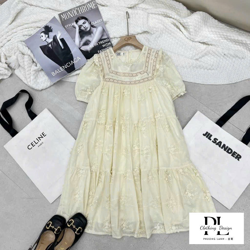Váy Babydoll Tay Cộc-Dài Hàng 2 Lớp Có Bigsize MIZU - Đầm Cổ Tròn Hoa Thêu Dáng Suông Rộng Rãi - Chất Vải Boi Lót Lanh