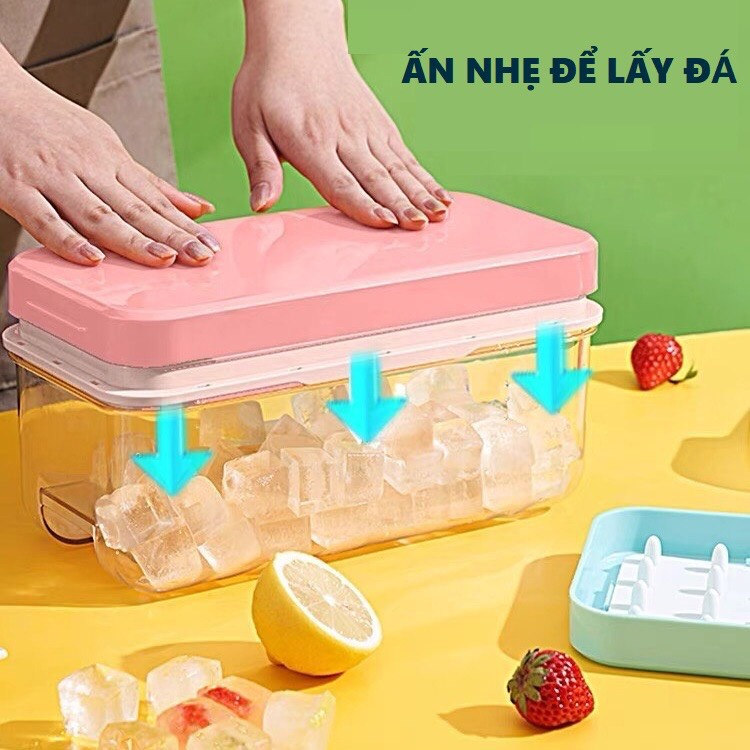 Khay đá Silicon có nắp, khuôn làm đá silicon 32 viên kèm hộp trữ đá cao cấp KHÔNG MÙI, Đá tách rời không dính