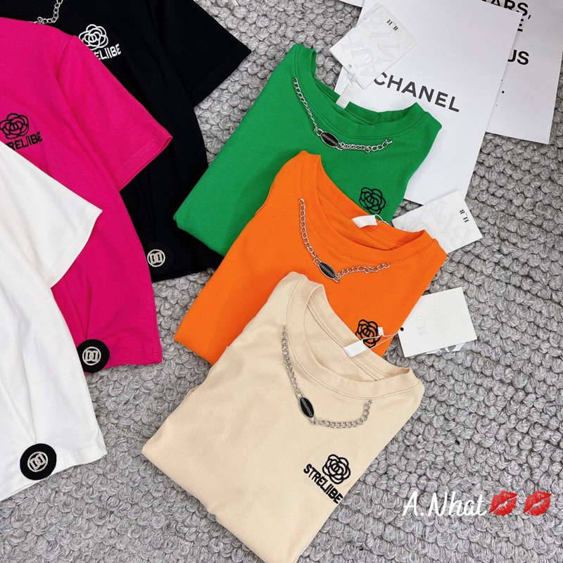 Áo Phông thêu hoa ngực mix vòng cổ Liastore
