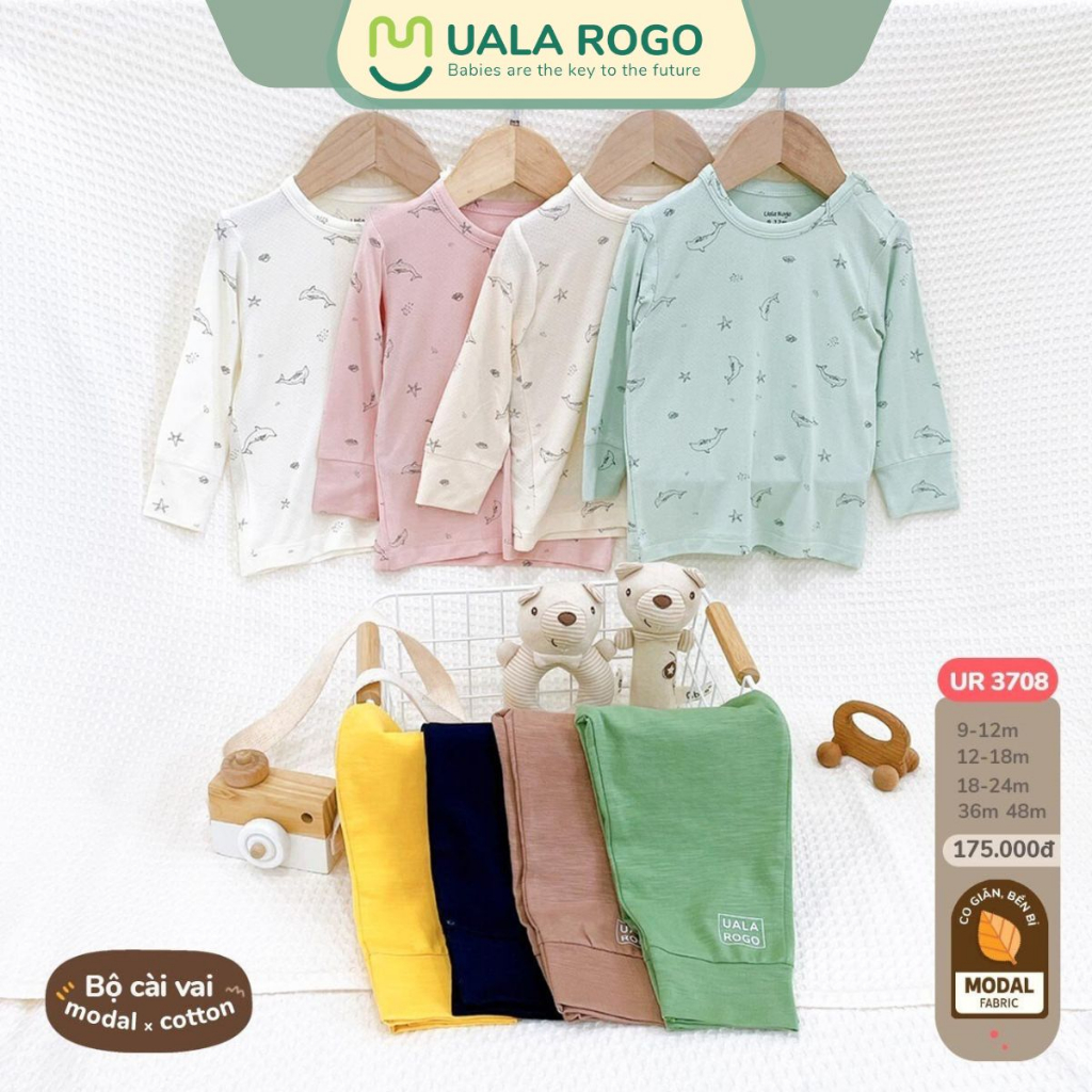 Bộ quần áo dài tay cho bé Ualarogo 9 tháng - 4 tuổi cài vai vải Modal thấm hút thoáng mát co giãn 3708