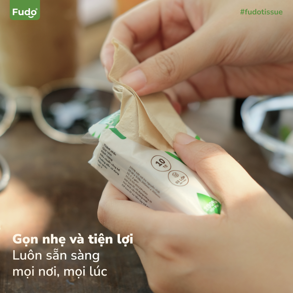 Khăn giấy bỏ túi FUDO POCKETtissue từ tre không bụi vụn, không tẩy trắng - khăn giấy mini mềm mại 3 lớp - 10 tờ