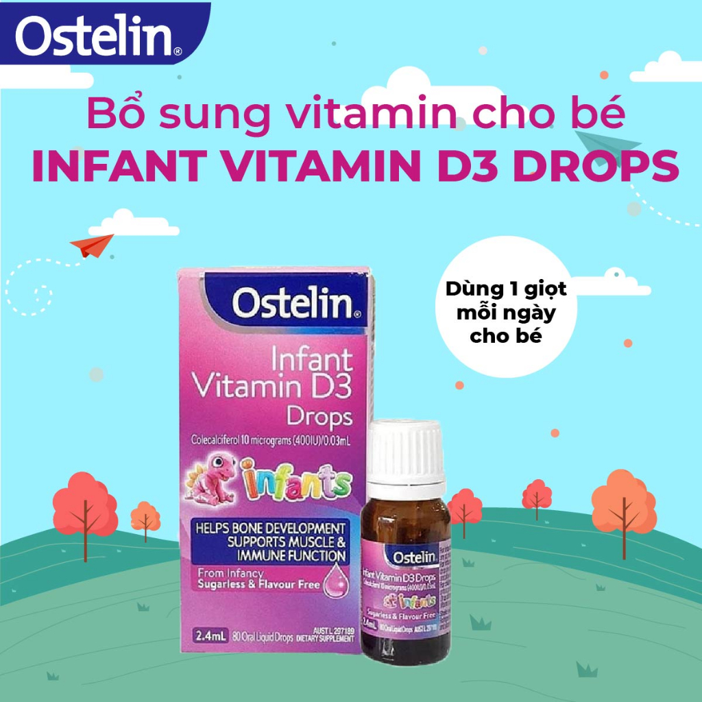 Combo 2 lọ Vitamin D3 400 IU cho trẻ sơ sinh Ostelin Infant Kids Drops 2.4ml phòng ngừa tình trạng còi xương của bé