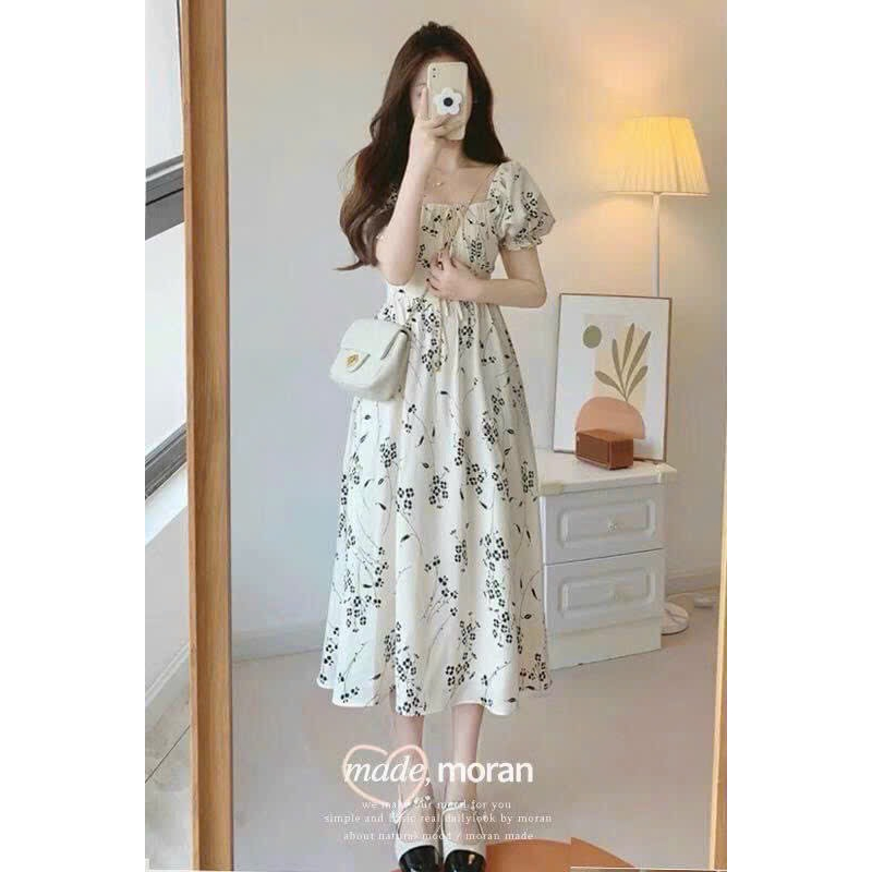 Váy nữ thiết kế hoa nhí babydoll dáng váy dài cổ vuông chiết eo thời trang nữ phong cách Hàn Quốc sieu xinh xắn
