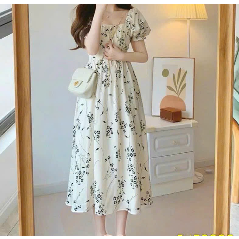 Váy nữ thiết kế hoa nhí babydoll dáng váy dài cổ vuông chiết eo thời trang nữ phong cách Hàn Quốc sieu xinh xắn