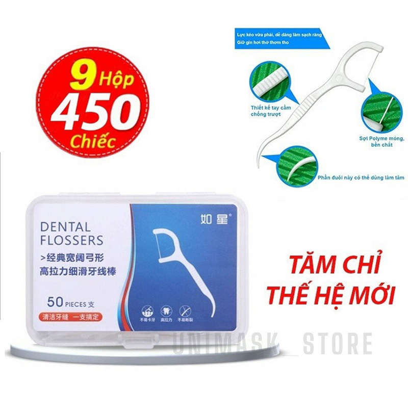 9 Hộp Tăm Chỉ Nha Khoa DENTAL FLOSSERS, Tăm Chỉ Nhựa Nguyên Sinh An Toàn Cho Người Sử Dụng, 1 Hộp 50 Chiếc