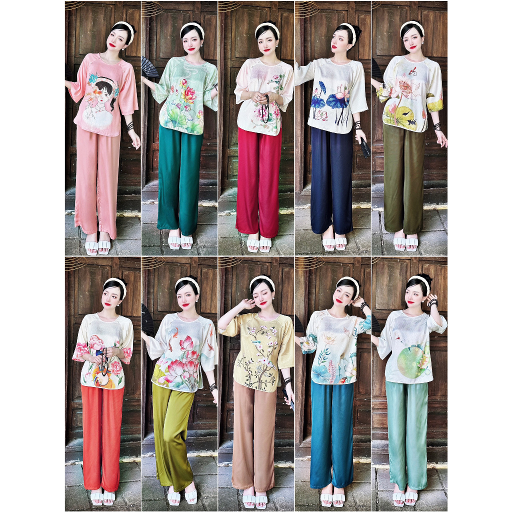 Bộ đồ ngủ nữ cao cấp VY LINH in 3D lụa xước phối quần latin đính ngọc mặc mềm mại thoáng mát dễ chịu s997
