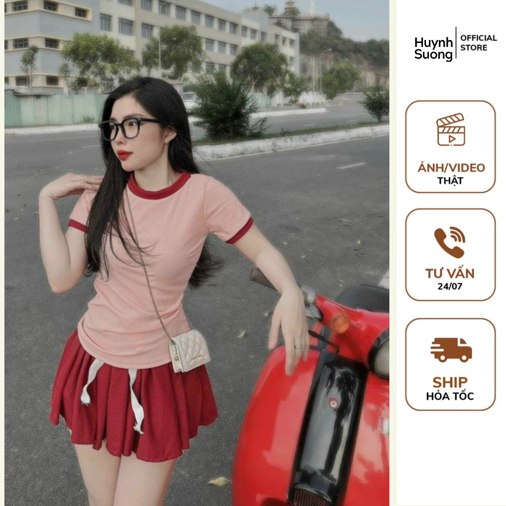 Set Bộ Cộc Tay Ngắn Viền Kèm Quần Xoè HOTTREND Chất Thun Gân FREESIZE DƯỚI 52KG