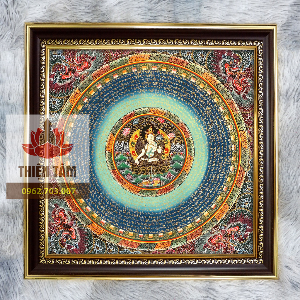 Tranh Tara Trắng  Mandala 36x36cm bằng vải phủ bóng, khung composite xịn xò