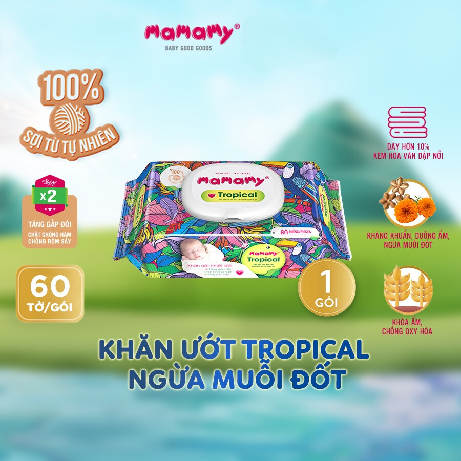 Khăn ướt Mamamy Tropical Premium tinh dầu cúc vạn thọ/ không mùi, có nắp 60 tờ