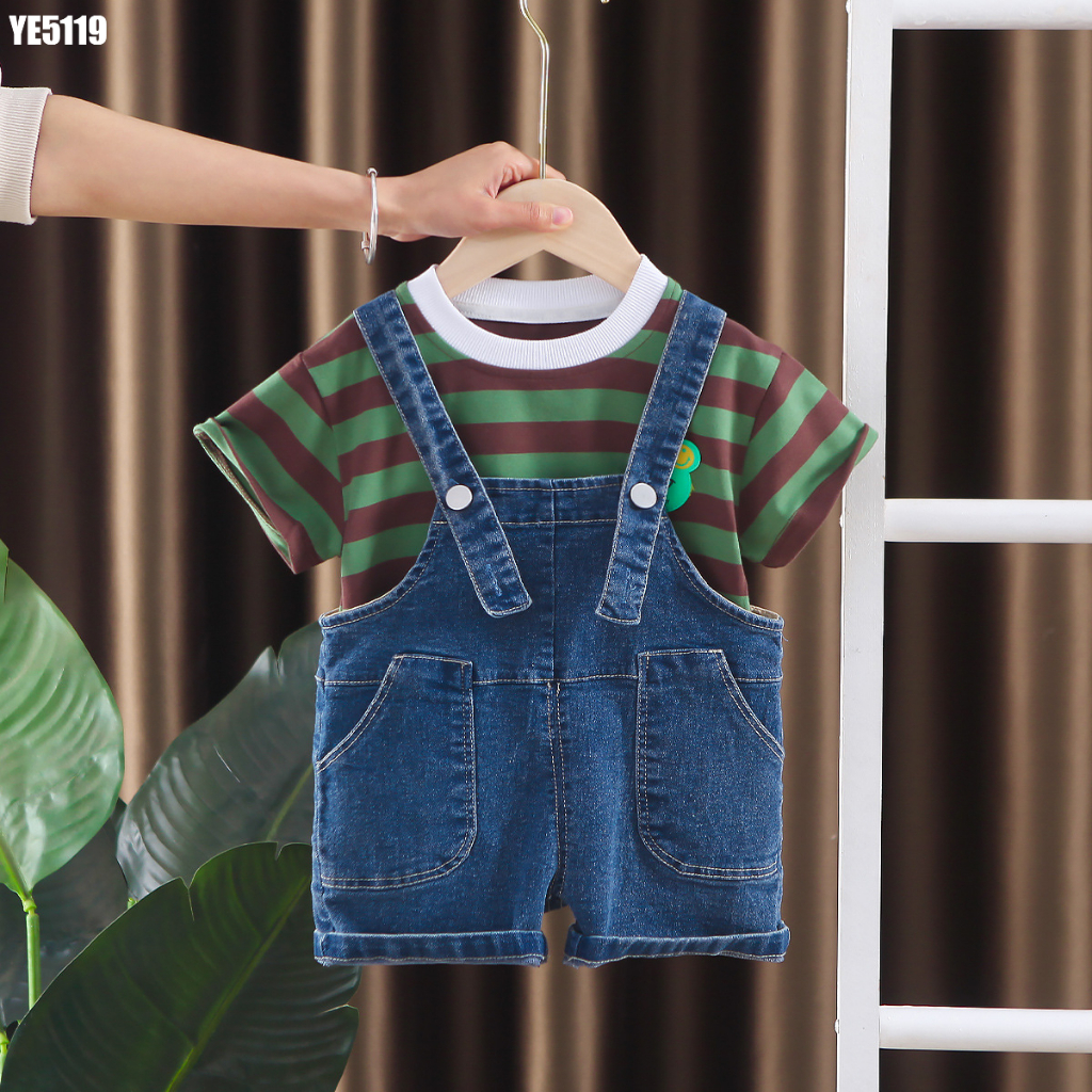Bộ yếm quần jean với áo thun sọc cho bé trai từ 12 3 4 5 tuổi Mint's Closet MINTSCLOSET - YE5119