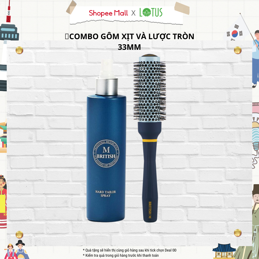 Combo gôm xịt giữ nếp, lược tròn tạo kiểu BRITISH M Hard Tailor Spray 250ml & BRITISH M Hot Curling Ceramic Brush 33mm