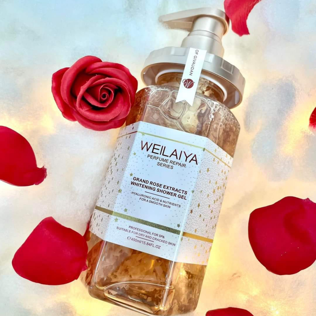 Sữa tắm nước hoa trắng da Weilaiya, tinh chất hoa hồng Damask và hoa trà Niacinamide 450ml, hàng chính hãng
