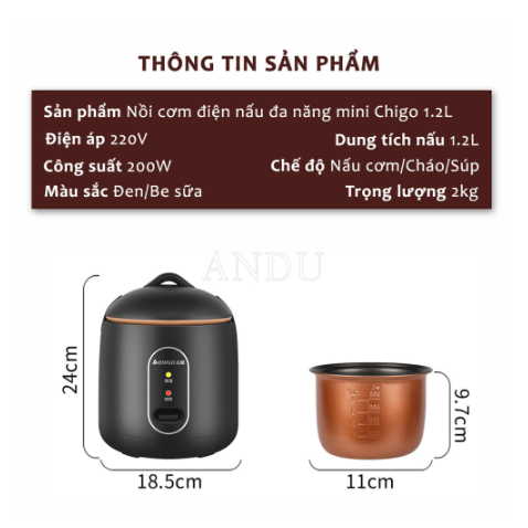 Nồi Cơm Điện Mini CHIGO 1,2L Đa Năng Nấu Hầm Súp Cháo Tráng Chống Dính Không Sợ Tróc, An Toàn Cho Sức Khỏe