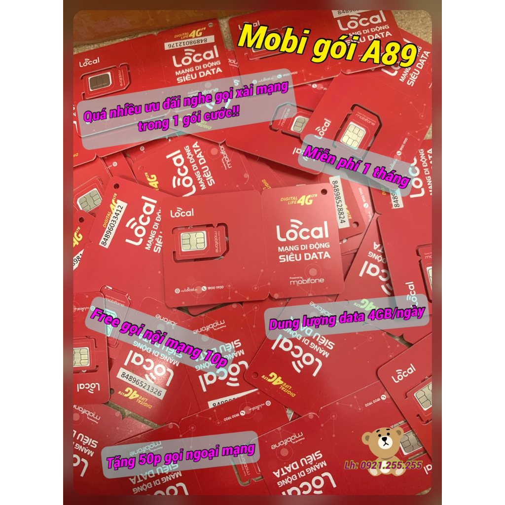 Sim 4G MOBI gói A89, miễn phí nghe gọi, xài mạng 4GB/ngày!!