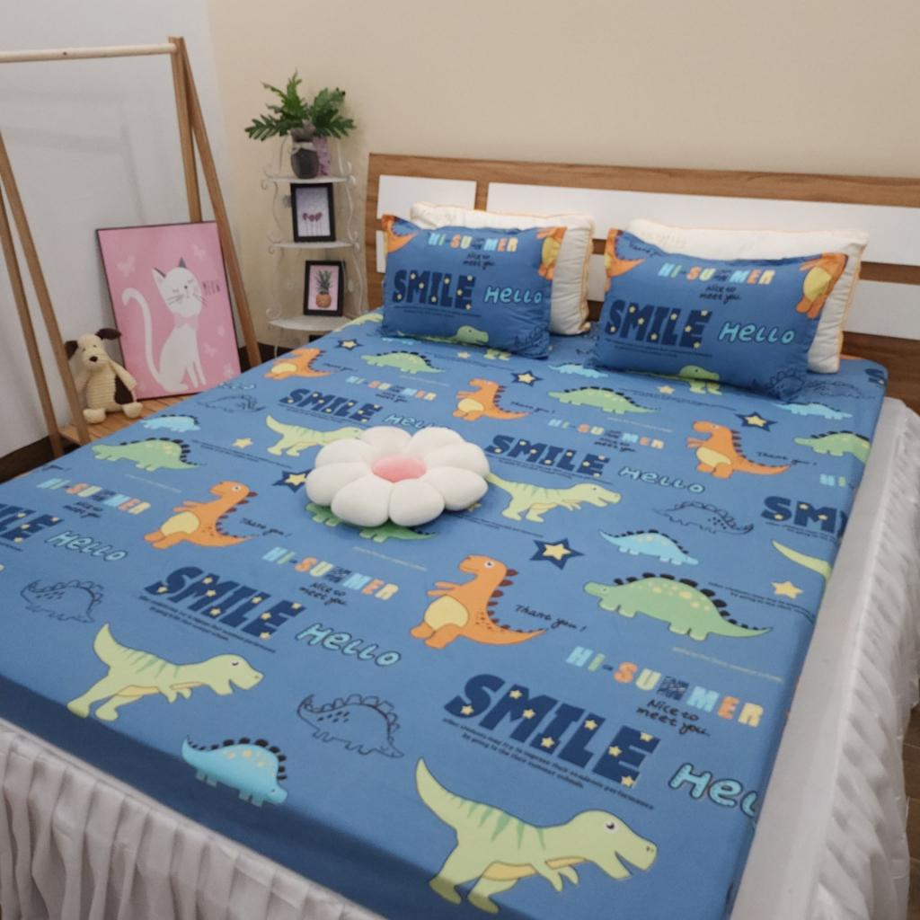 (Sale lớn) Bộ 3 món (ga kèm 2 áo gối) m6/m8/2m2, drap bo chun bọc nệm poly cotton [Khủng long xanh]