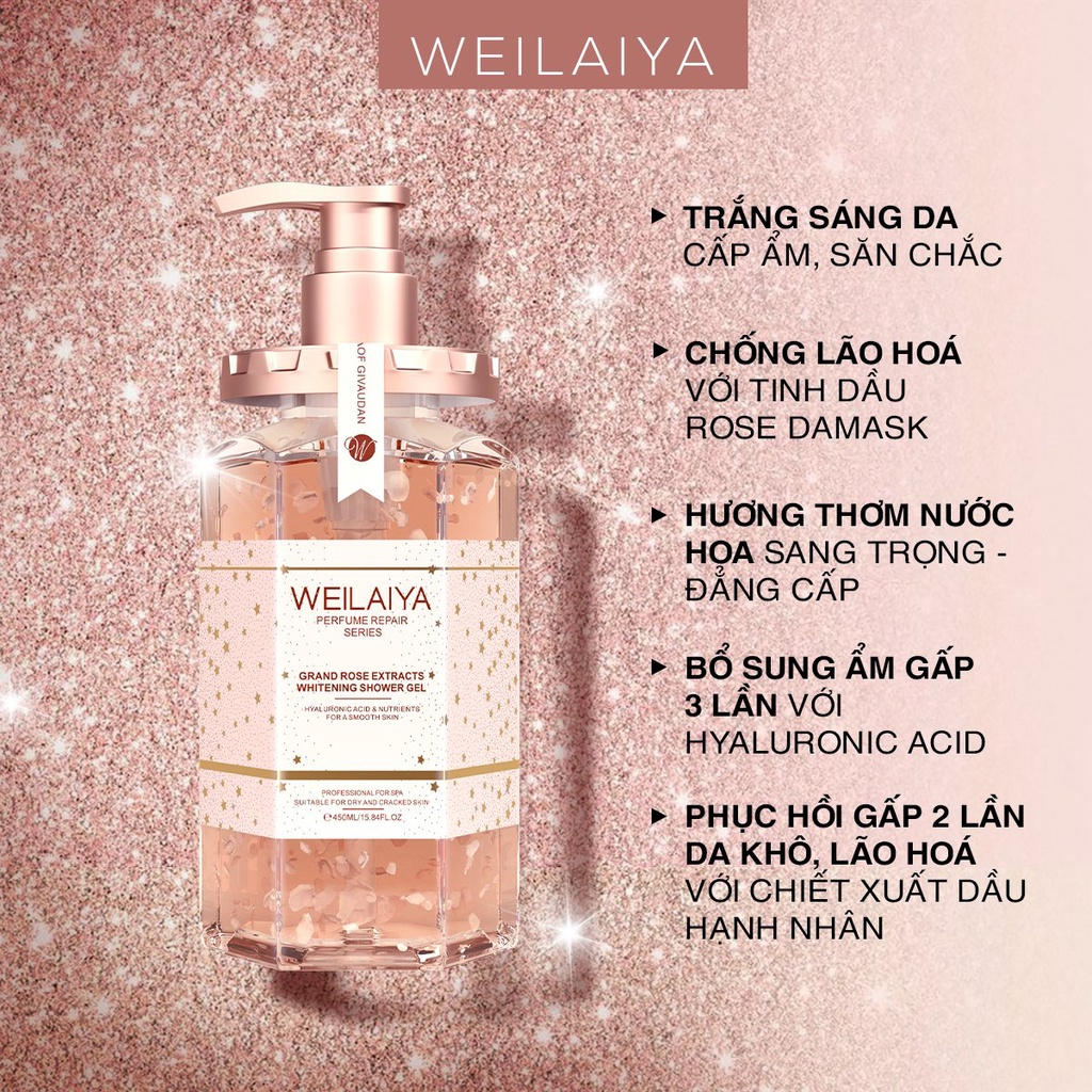 Sữa tắm nước hoa trắng da Weilaiya, tinh chất hoa hồng Damask và hoa trà Niacinamide 450ml, hàng chính hãng