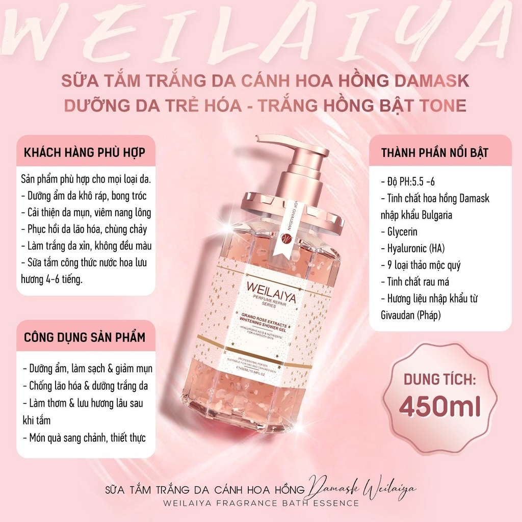 Sữa tắm nước hoa trắng da Weilaiya, tinh chất hoa hồng Damask và hoa trà Niacinamide 450ml, hàng chính hãng