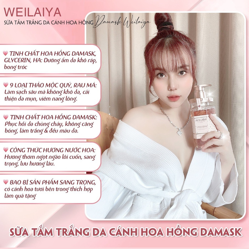 Sữa tắm nước hoa trắng da Weilaiya, tinh chất hoa hồng Damask và hoa trà Niacinamide 450ml, hàng chính hãng