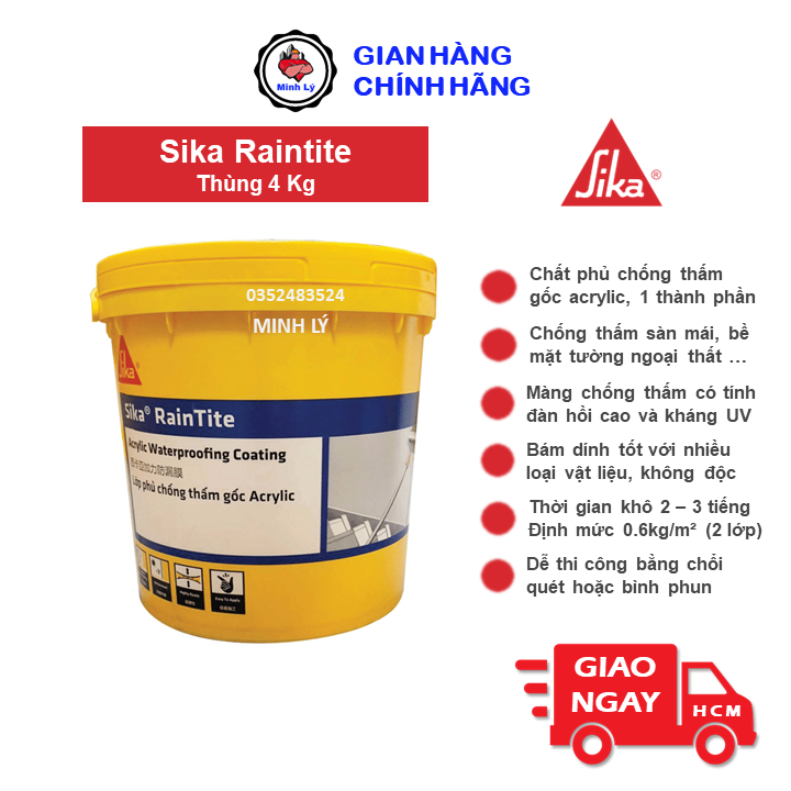 Sơn Chống Thấm Sika RainTite Gốc Acrylic Thùng 4Kg Cho Tường Đứng, Sàn Mái Bê Tông Ngoài Trời