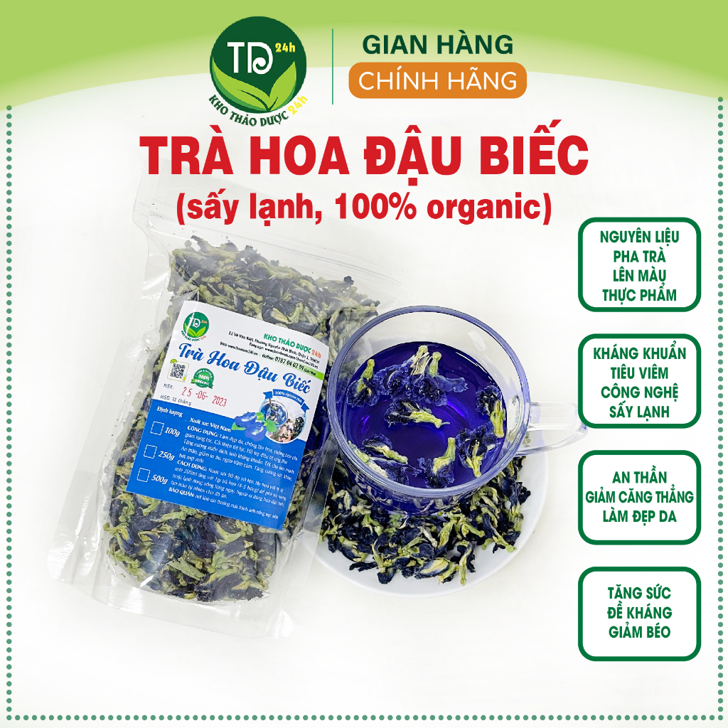 Trà hoa đậu biếc sấy lạnh, 100% tự nhiên, dùng pha chế, nấu nướng, làm bánh, lên màu thực phẩm tự nhiên, không hóa chất